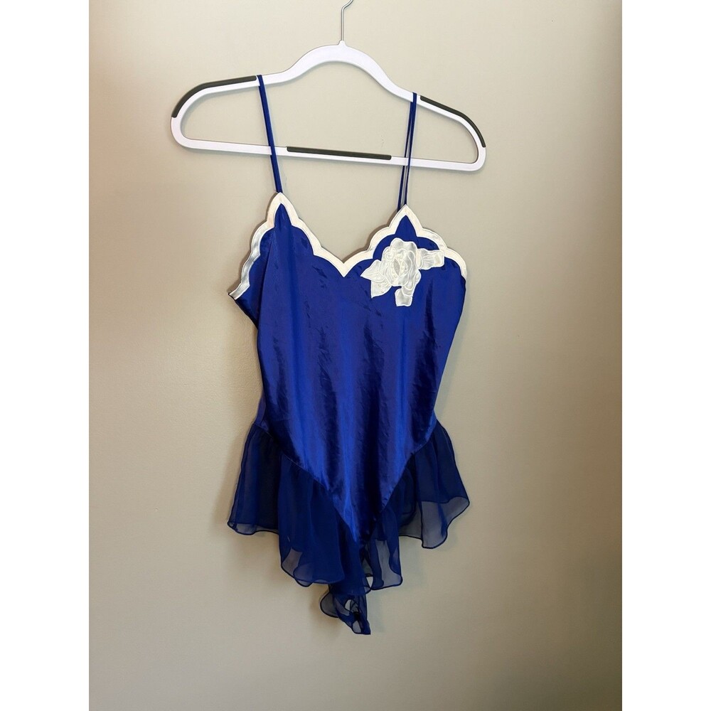 Vintage Victoria's Secret Gold Label Blue Ruffle Teddy Rose Appliqué 90’s Small
